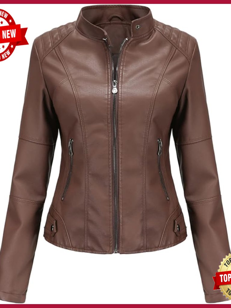 Faux Leather Bomber Jacket Women's Belted Motorcycle Style Windproof